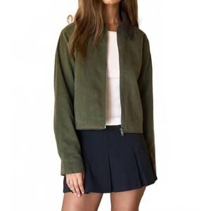 NEW THE WORKSHOP STUDIO kenia contrast collar corduroy zip-up jacket in olive